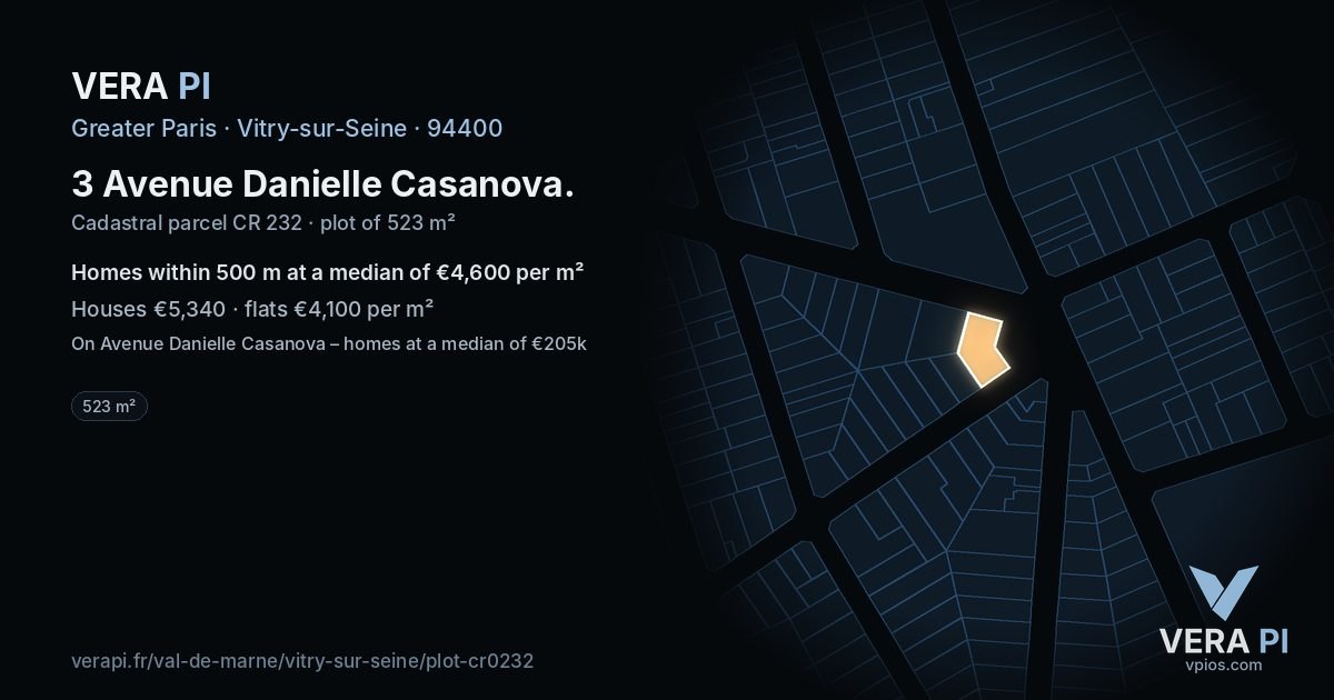 3 Avenue Danielle Casanova, Vitry-sur-Seine at night – the plot lit, the parcels around coloured by the prices near them