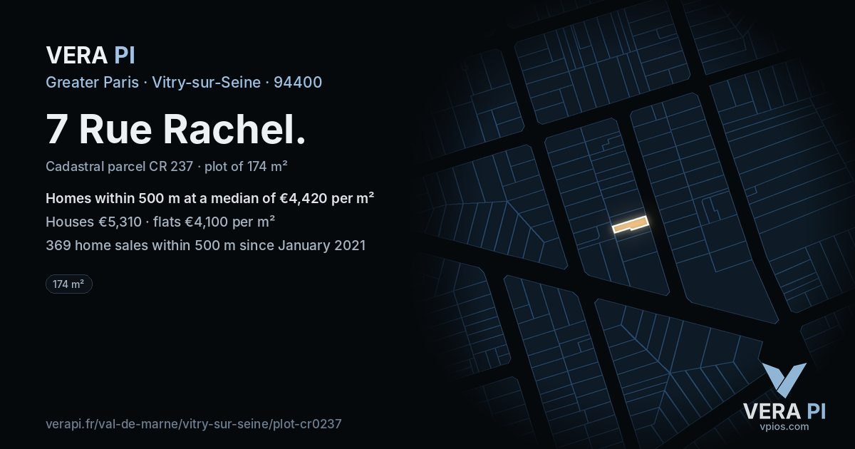 7 Rue Rachel, Vitry-sur-Seine at night – the plot lit, the parcels around coloured by the prices near them
