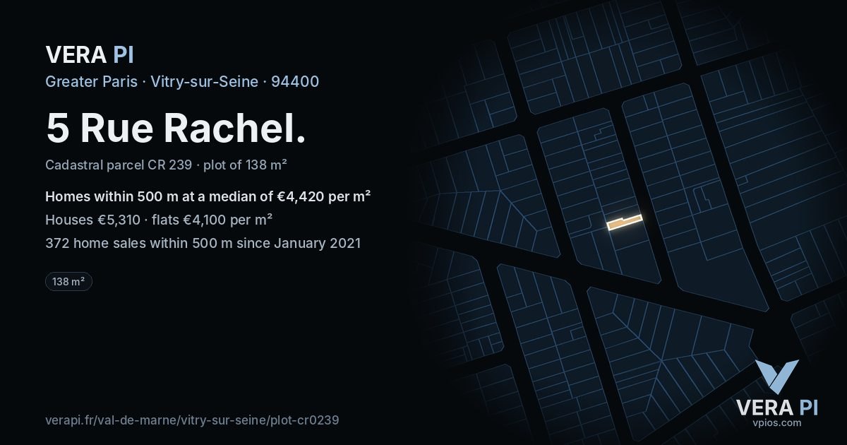 5 Rue Rachel, Vitry-sur-Seine at night – the plot lit, the parcels around coloured by the prices near them