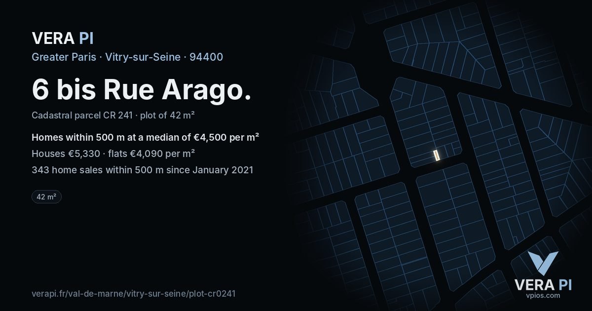 6 bis Rue Arago, Vitry-sur-Seine at night – the plot lit, the parcels around coloured by the prices near them