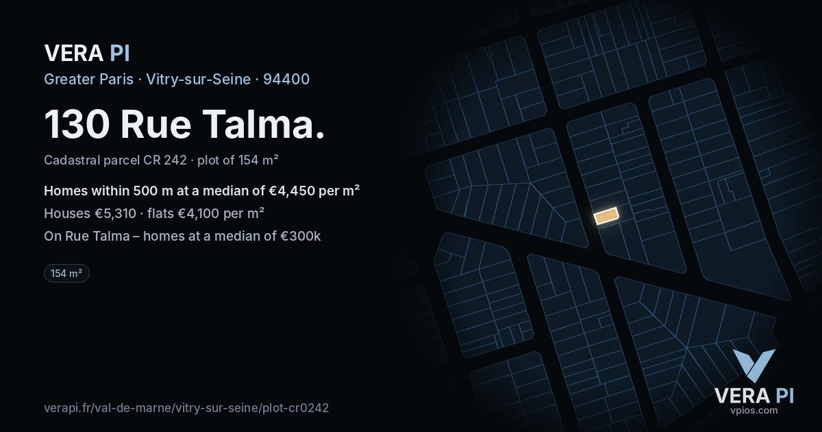 130 Rue Talma, Vitry-sur-Seine at night – the plot lit, the parcels around coloured by the prices near them