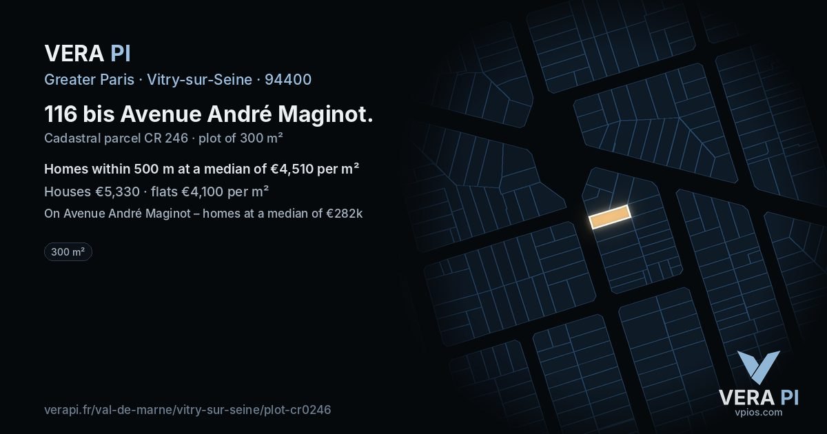 116 bis Avenue André Maginot, Vitry-sur-Seine at night – the plot lit, the parcels around coloured by the prices near them