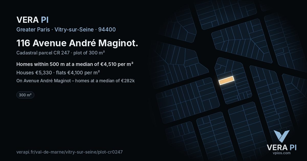116 Avenue André Maginot, Vitry-sur-Seine at night – the plot lit, the parcels around coloured by the prices near them