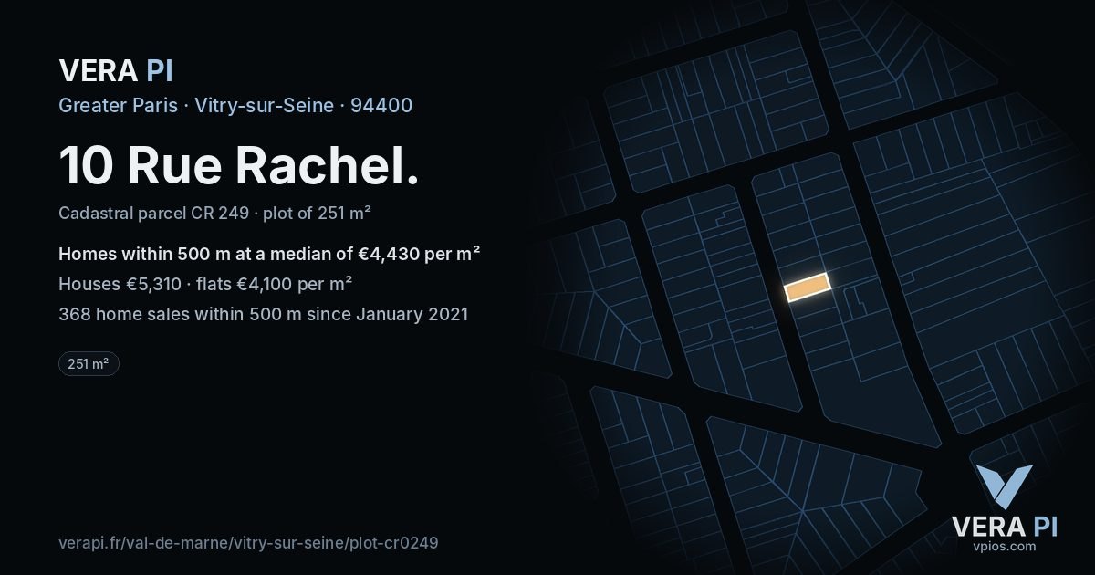 10 Rue Rachel, Vitry-sur-Seine at night – the plot lit, the parcels around coloured by the prices near them