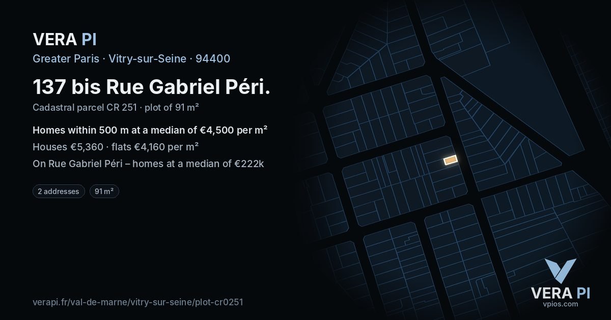 137 bis Rue Gabriel Péri, Vitry-sur-Seine at night – the plot lit, the parcels around coloured by the prices near them