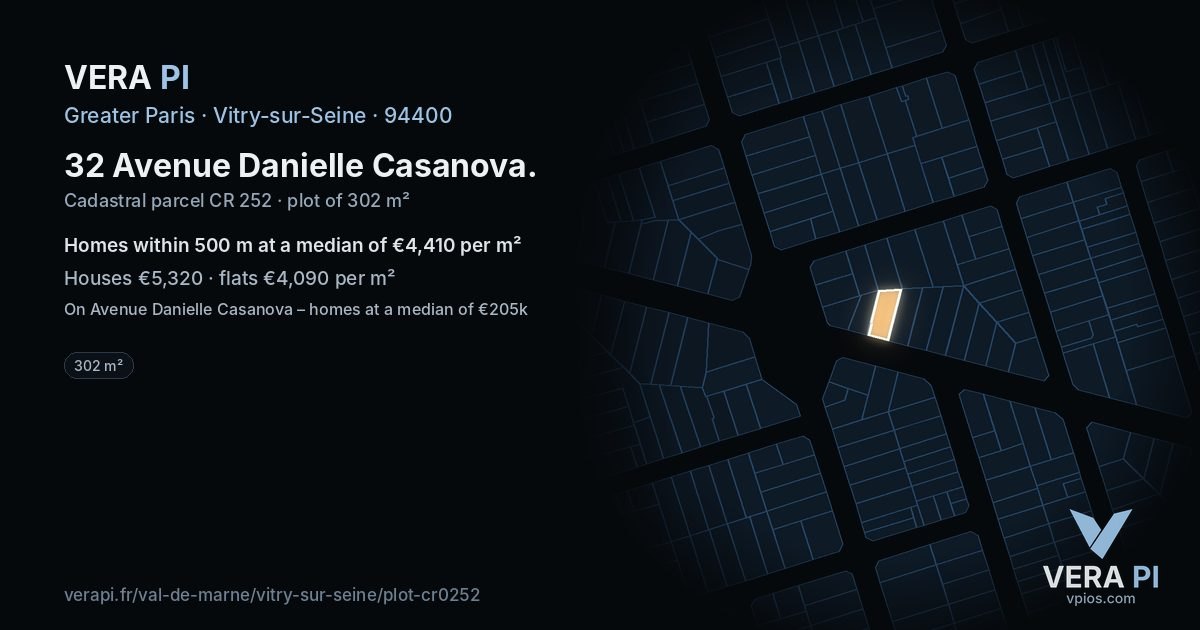32 Avenue Danielle Casanova, Vitry-sur-Seine at night – the plot lit, the parcels around coloured by the prices near them