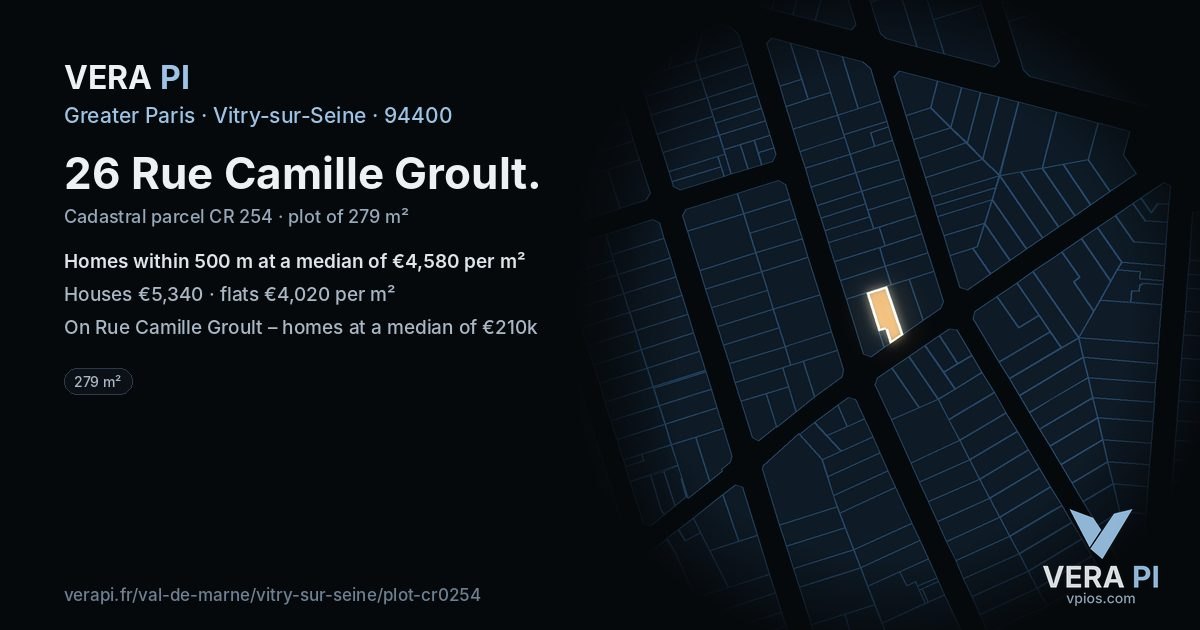 26 Rue Camille Groult, Vitry-sur-Seine at night – the plot lit, the parcels around coloured by the prices near them