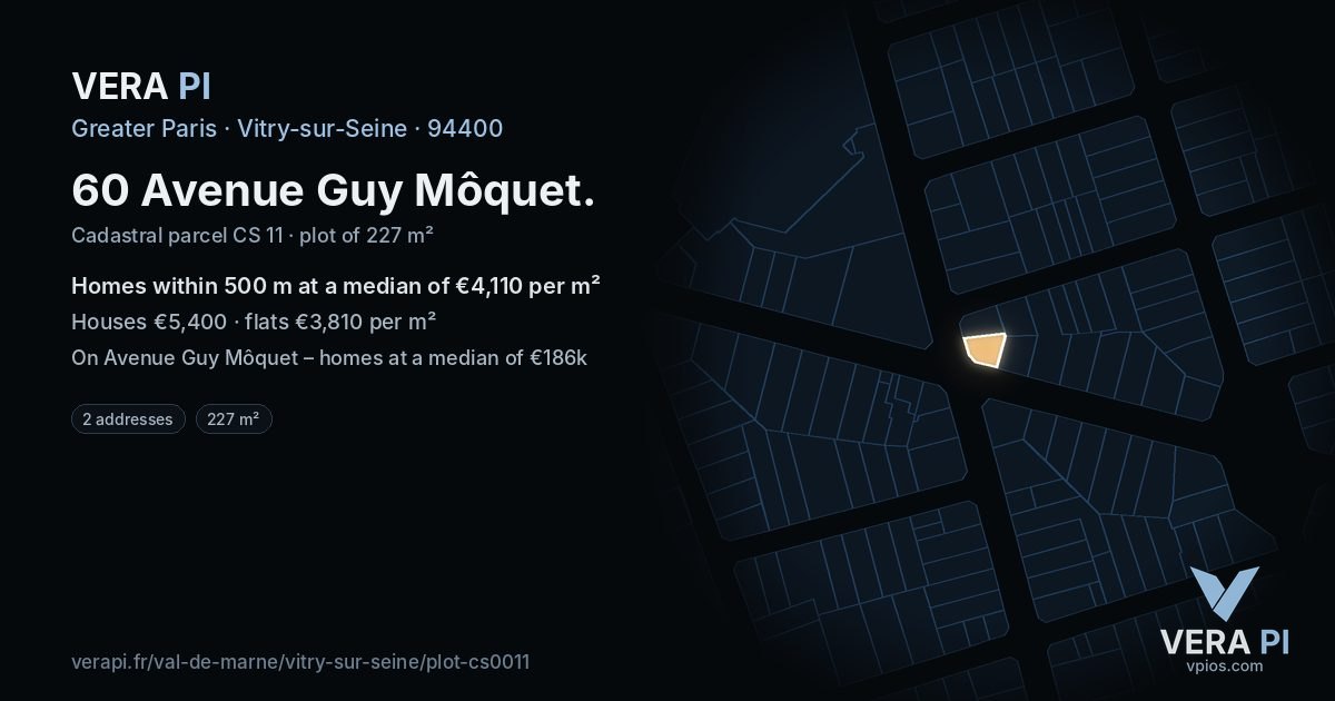60 Avenue Guy Môquet, Vitry-sur-Seine at night – the plot lit, the parcels around coloured by the prices near them