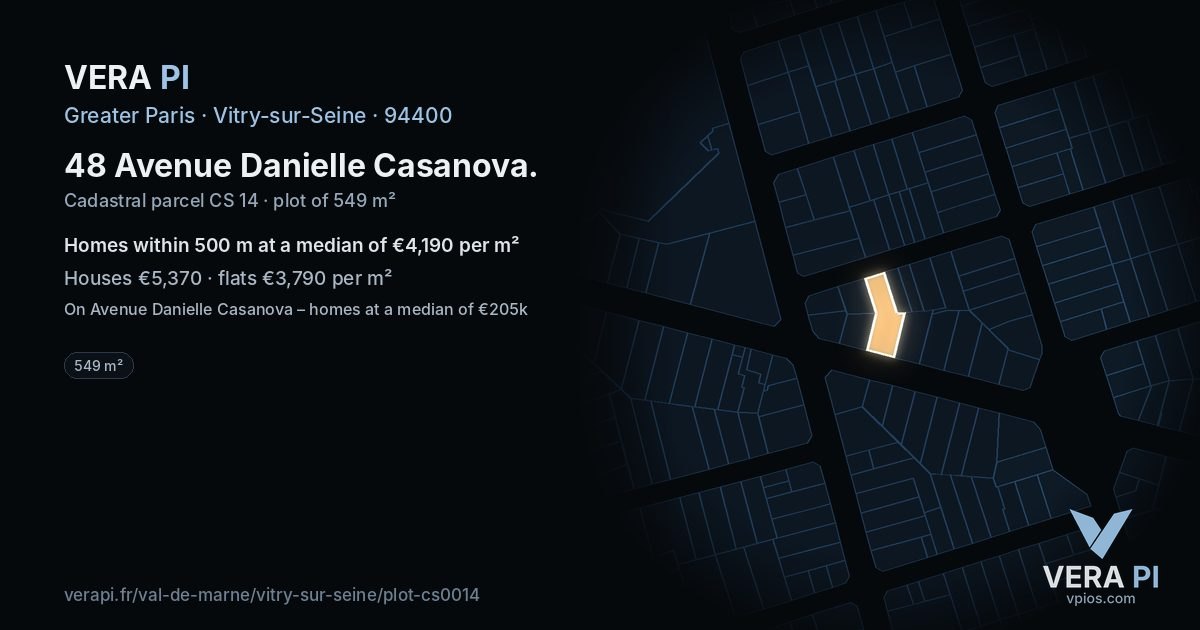 48 Avenue Danielle Casanova, Vitry-sur-Seine at night – the plot lit, the parcels around coloured by the prices near them