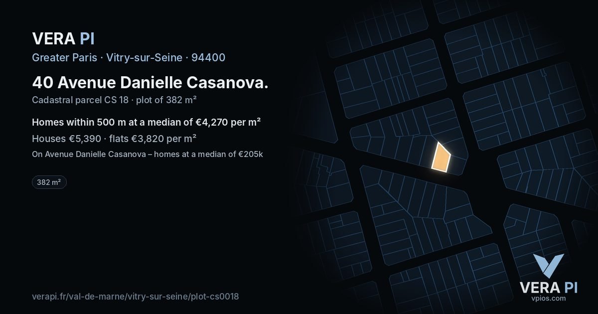 40 Avenue Danielle Casanova, Vitry-sur-Seine at night – the plot lit, the parcels around coloured by the prices near them