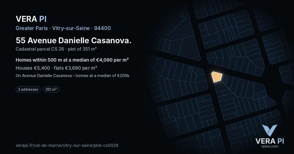 55 Avenue Danielle Casanova, Vitry-sur-Seine at night – the plot lit, the parcels around coloured by the prices near them