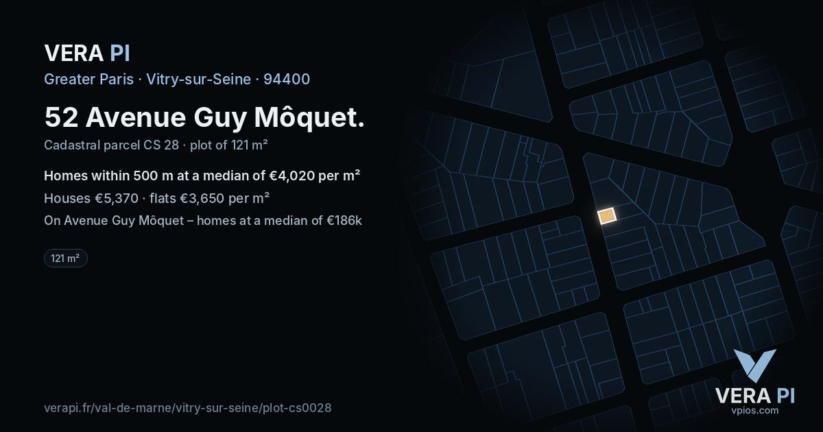 52 Avenue Guy Môquet, Vitry-sur-Seine at night – the plot lit, the parcels around coloured by the prices near them