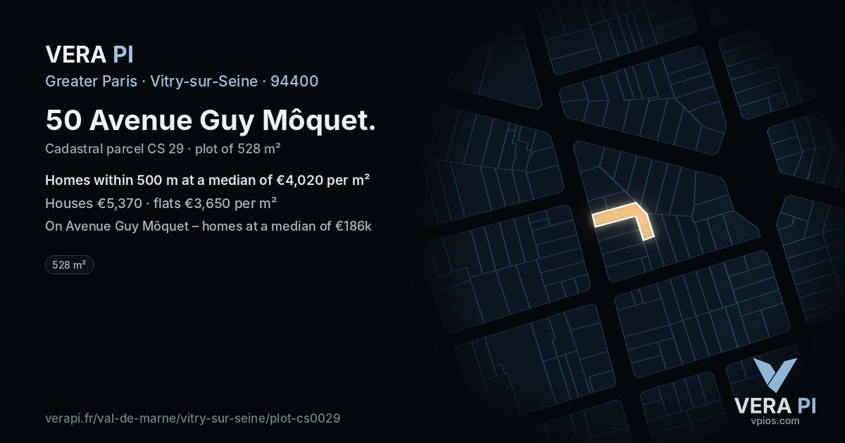 50 Avenue Guy Môquet, Vitry-sur-Seine at night – the plot lit, the parcels around coloured by the prices near them