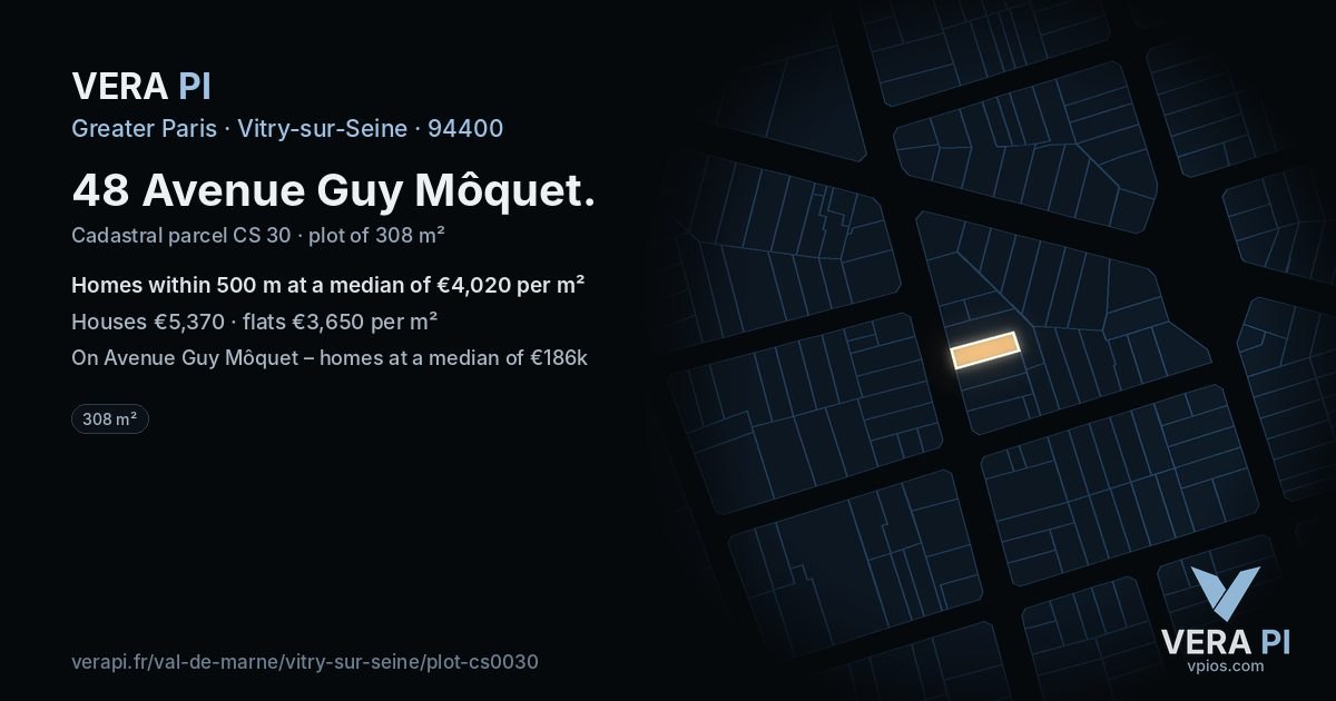 48 Avenue Guy Môquet, Vitry-sur-Seine at night – the plot lit, the parcels around coloured by the prices near them