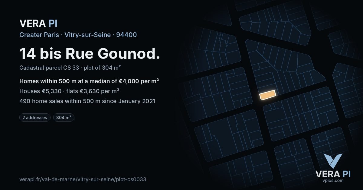 14 bis Rue Gounod, Vitry-sur-Seine at night – the plot lit, the parcels around coloured by the prices near them