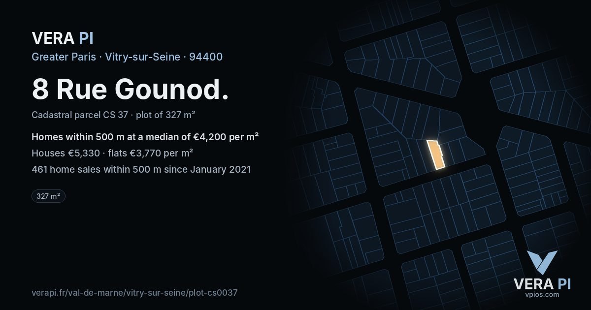 8 Rue Gounod, Vitry-sur-Seine at night – the plot lit, the parcels around coloured by the prices near them