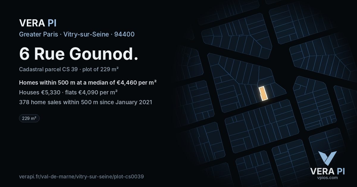 6 Rue Gounod, Vitry-sur-Seine at night – the plot lit, the parcels around coloured by the prices near them