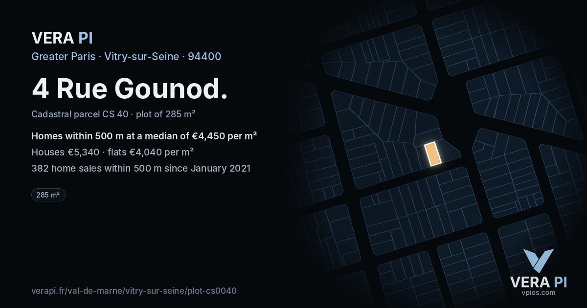 4 Rue Gounod, Vitry-sur-Seine at night – the plot lit, the parcels around coloured by the prices near them