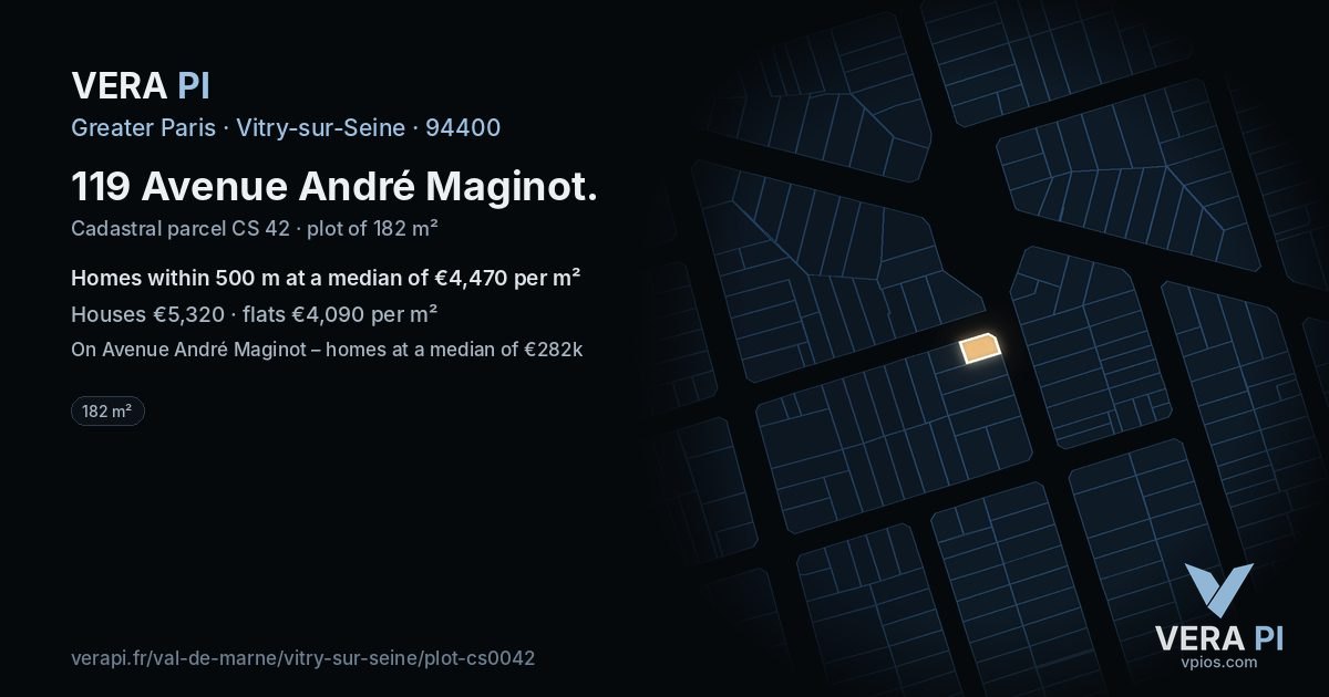 119 Avenue André Maginot, Vitry-sur-Seine at night – the plot lit, the parcels around coloured by the prices near them