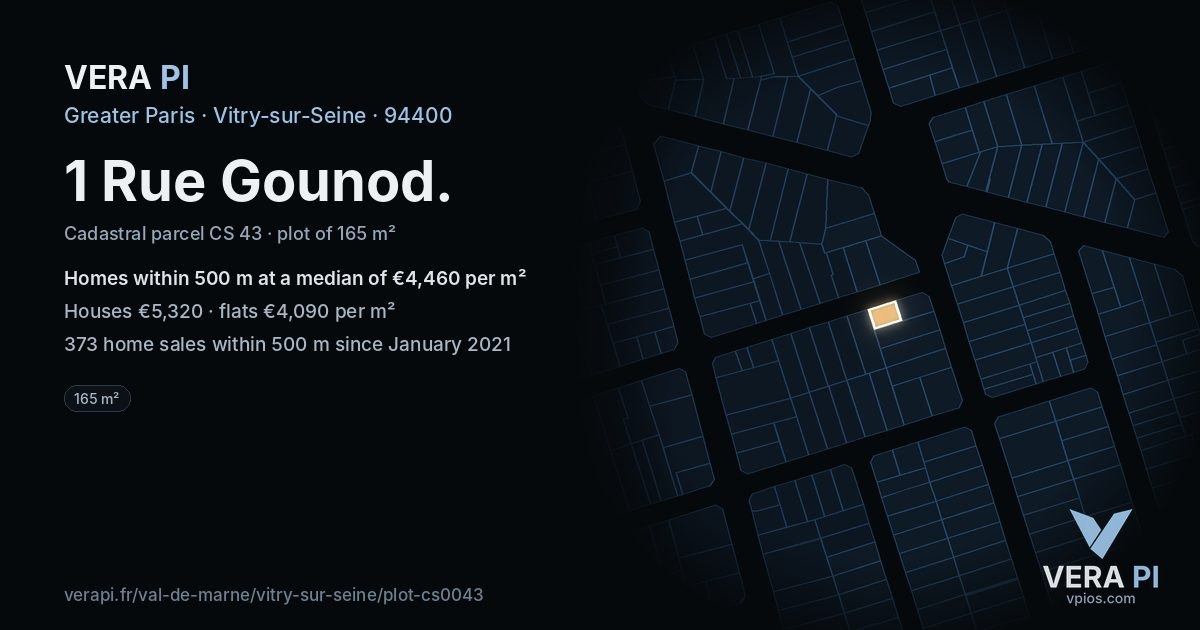 1 Rue Gounod, Vitry-sur-Seine at night – the plot lit, the parcels around coloured by the prices near them