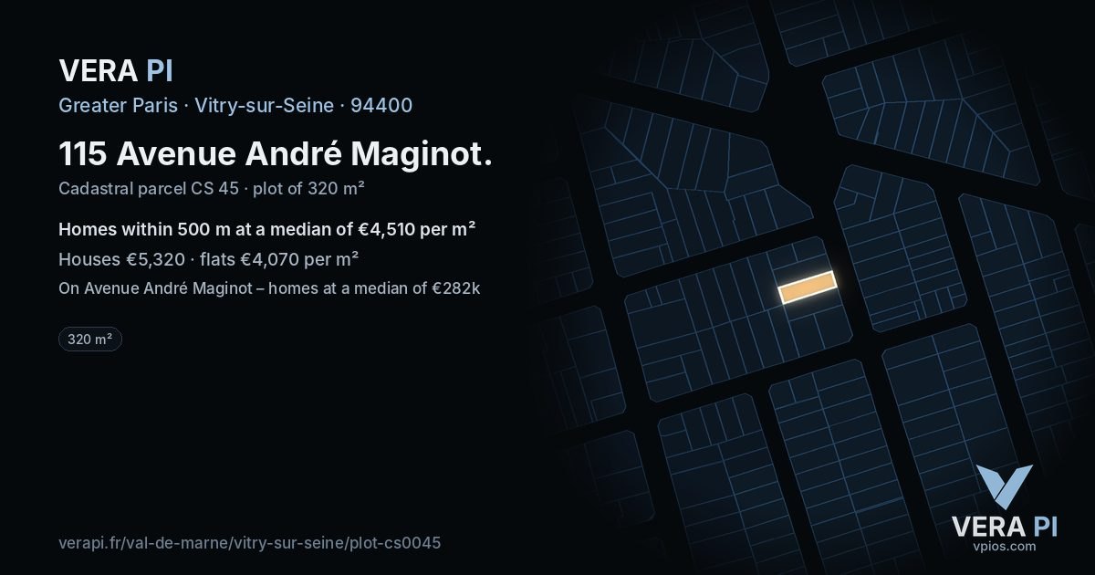 115 Avenue André Maginot, Vitry-sur-Seine at night – the plot lit, the parcels around coloured by the prices near them