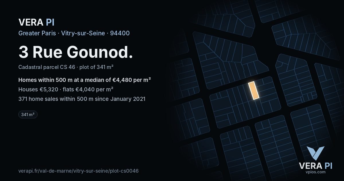 3 Rue Gounod, Vitry-sur-Seine at night – the plot lit, the parcels around coloured by the prices near them