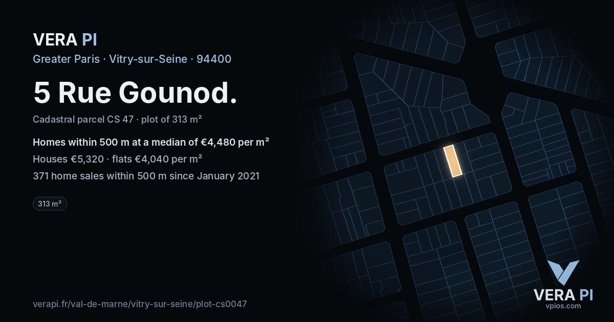 5 Rue Gounod, Vitry-sur-Seine at night – the plot lit, the parcels around coloured by the prices near them