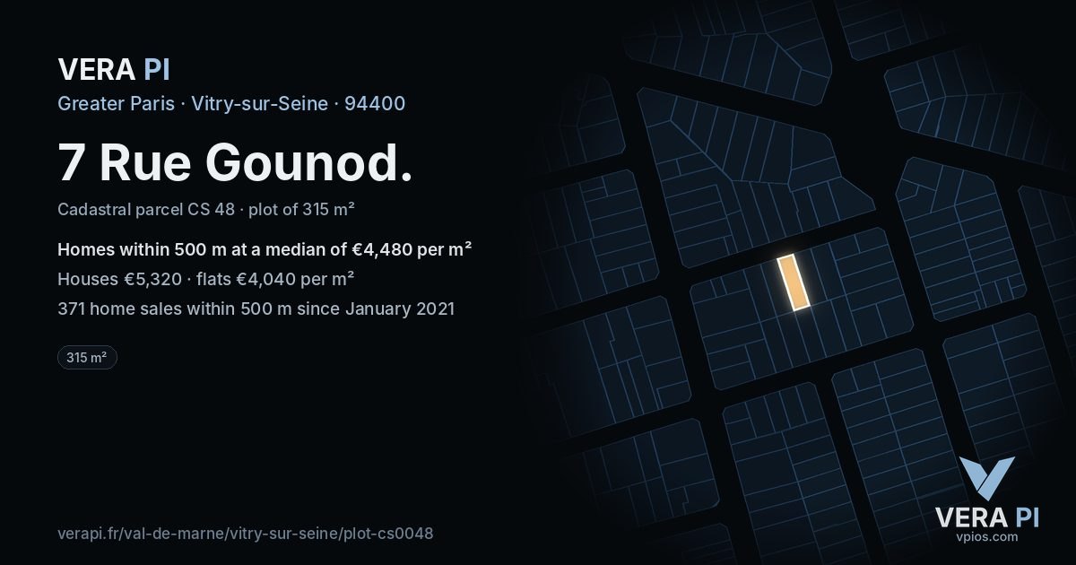 7 Rue Gounod, Vitry-sur-Seine at night – the plot lit, the parcels around coloured by the prices near them