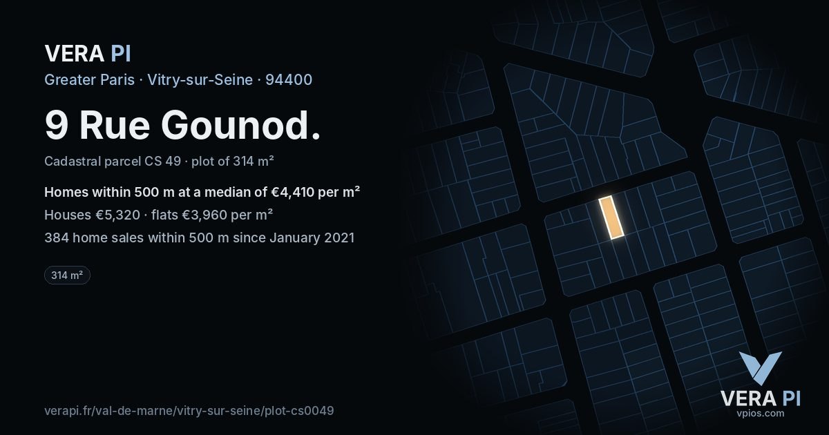 9 Rue Gounod, Vitry-sur-Seine at night – the plot lit, the parcels around coloured by the prices near them
