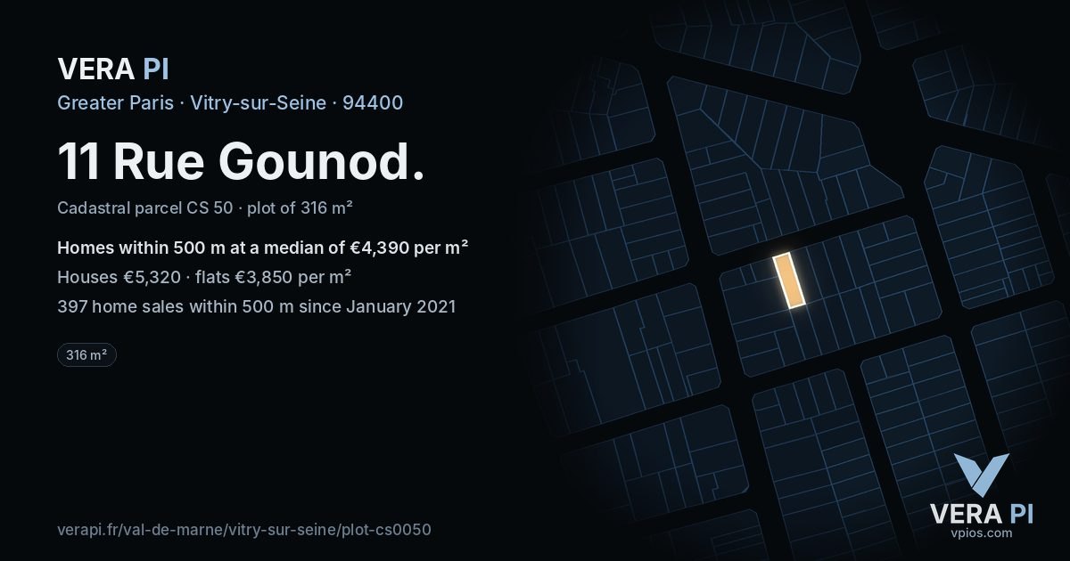 11 Rue Gounod, Vitry-sur-Seine at night – the plot lit, the parcels around coloured by the prices near them