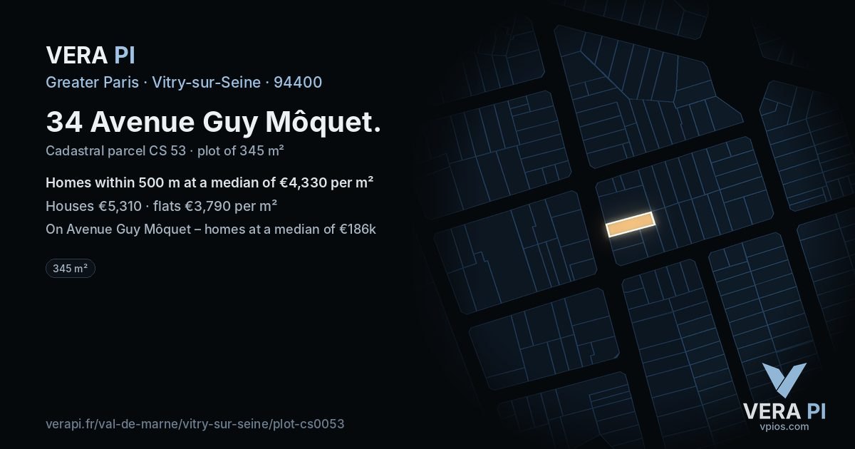 34 Avenue Guy Môquet, Vitry-sur-Seine at night – the plot lit, the parcels around coloured by the prices near them