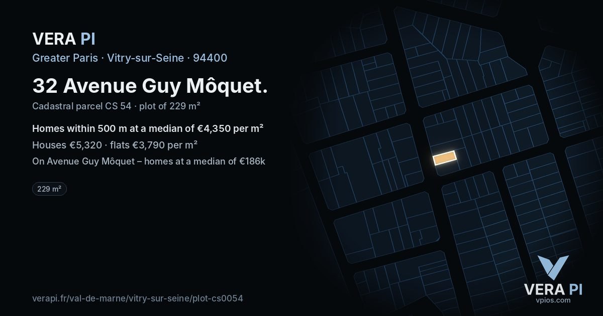 32 Avenue Guy Môquet, Vitry-sur-Seine at night – the plot lit, the parcels around coloured by the prices near them