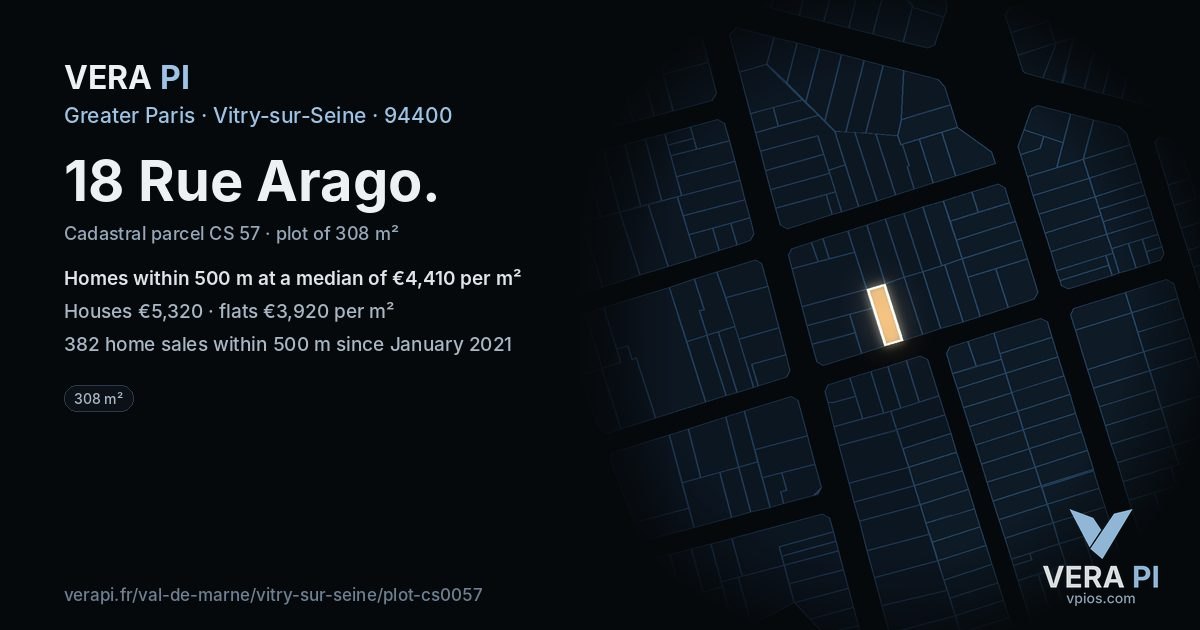 18 Rue Arago, Vitry-sur-Seine at night – the plot lit, the parcels around coloured by the prices near them