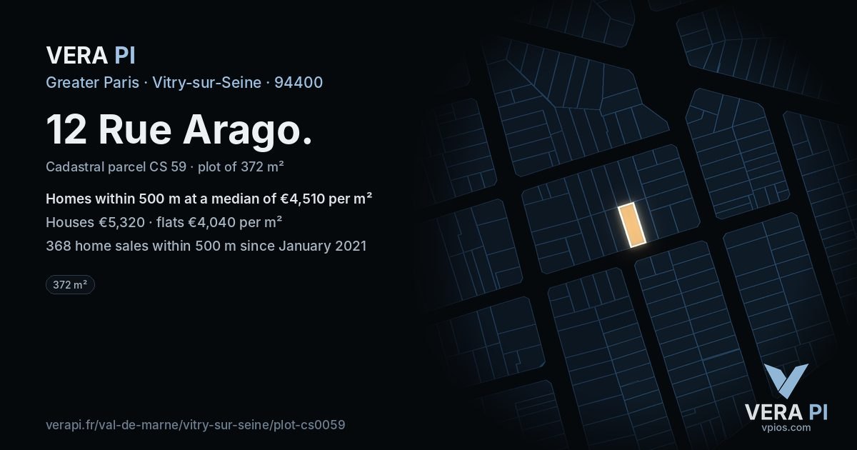 12 Rue Arago, Vitry-sur-Seine at night – the plot lit, the parcels around coloured by the prices near them