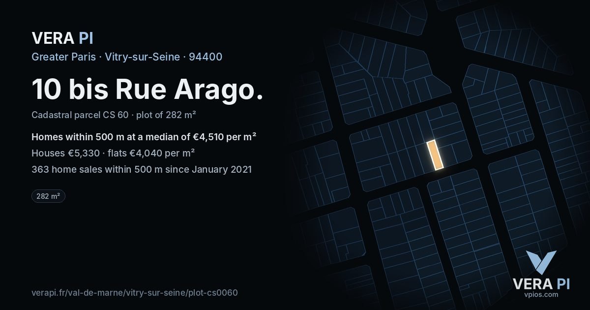 10 bis Rue Arago, Vitry-sur-Seine at night – the plot lit, the parcels around coloured by the prices near them
