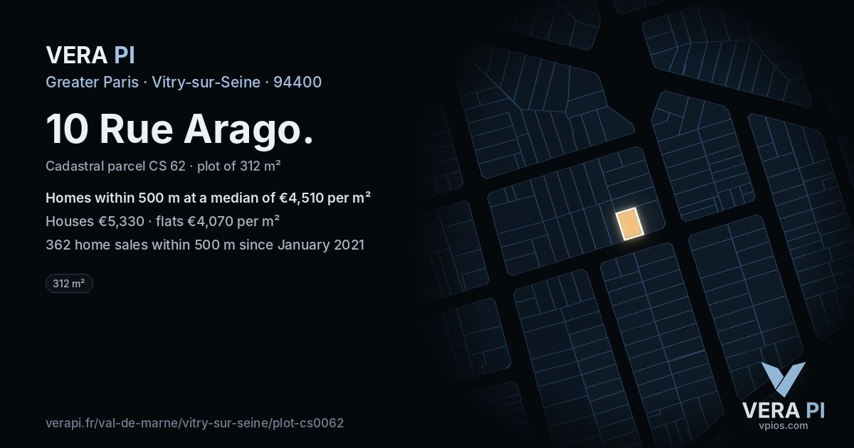 10 Rue Arago, Vitry-sur-Seine at night – the plot lit, the parcels around coloured by the prices near them