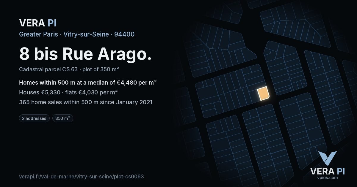 8 bis Rue Arago, Vitry-sur-Seine at night – the plot lit, the parcels around coloured by the prices near them