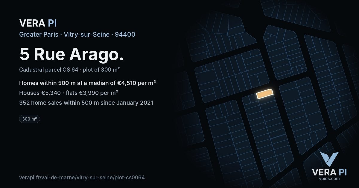 5 Rue Arago, Vitry-sur-Seine at night – the plot lit, the parcels around coloured by the prices near them