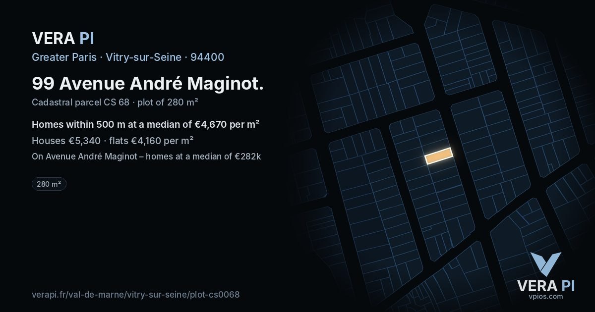 99 Avenue André Maginot, Vitry-sur-Seine at night – the plot lit, the parcels around coloured by the prices near them