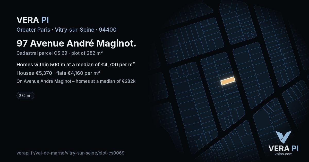 97 Avenue André Maginot, Vitry-sur-Seine at night – the plot lit, the parcels around coloured by the prices near them