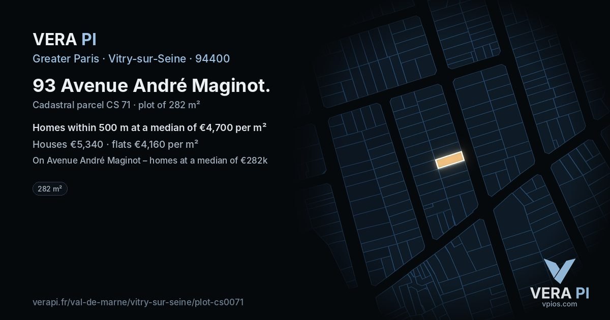 93 Avenue André Maginot, Vitry-sur-Seine at night – the plot lit, the parcels around coloured by the prices near them