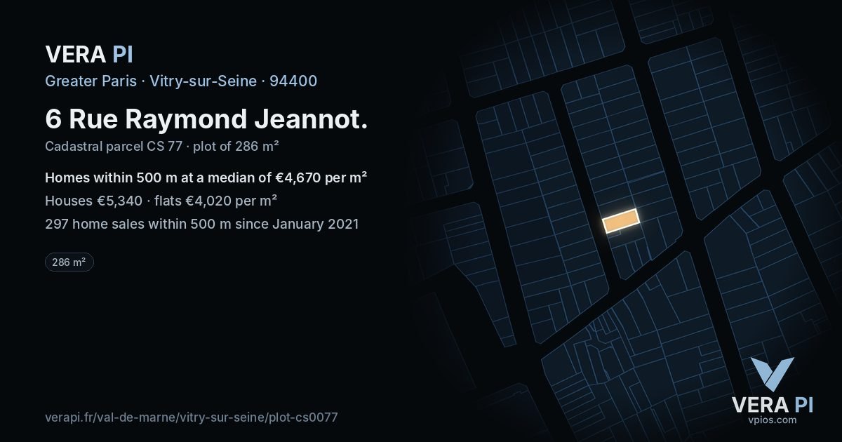 6 Rue Raymond Jeannot, Vitry-sur-Seine at night – the plot lit, the parcels around coloured by the prices near them
