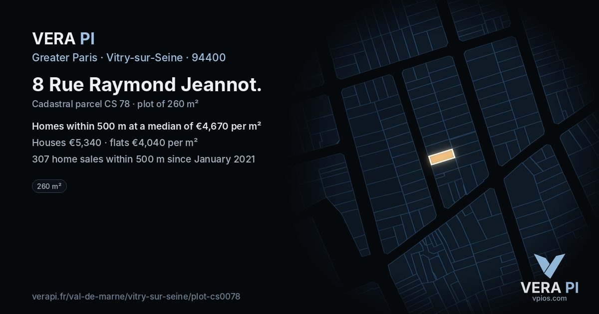 8 Rue Raymond Jeannot, Vitry-sur-Seine at night – the plot lit, the parcels around coloured by the prices near them