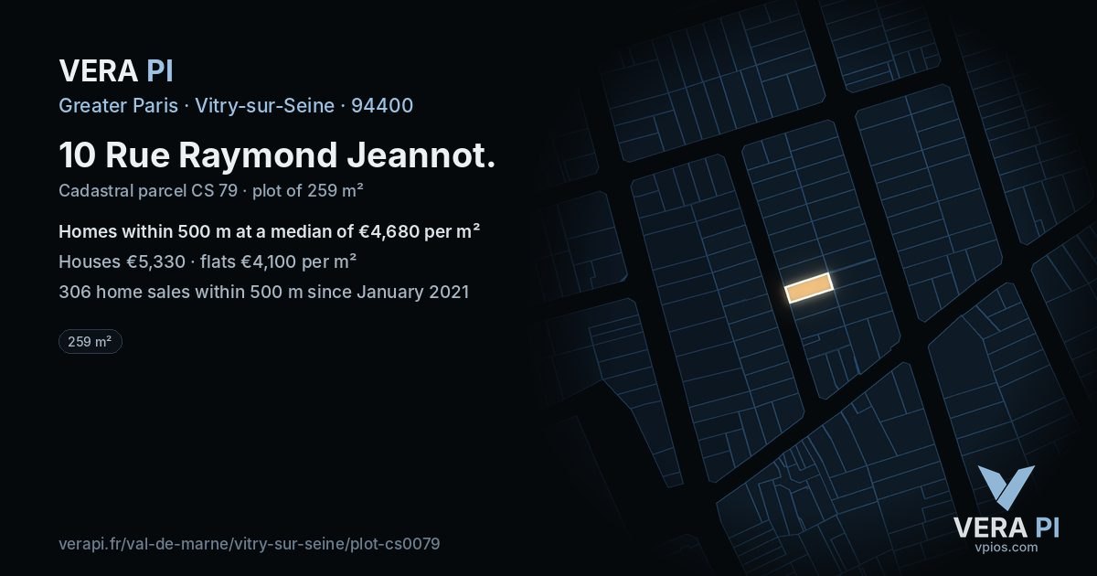 10 Rue Raymond Jeannot, Vitry-sur-Seine at night – the plot lit, the parcels around coloured by the prices near them