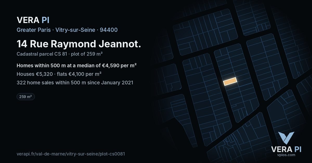 14 Rue Raymond Jeannot, Vitry-sur-Seine at night – the plot lit, the parcels around coloured by the prices near them