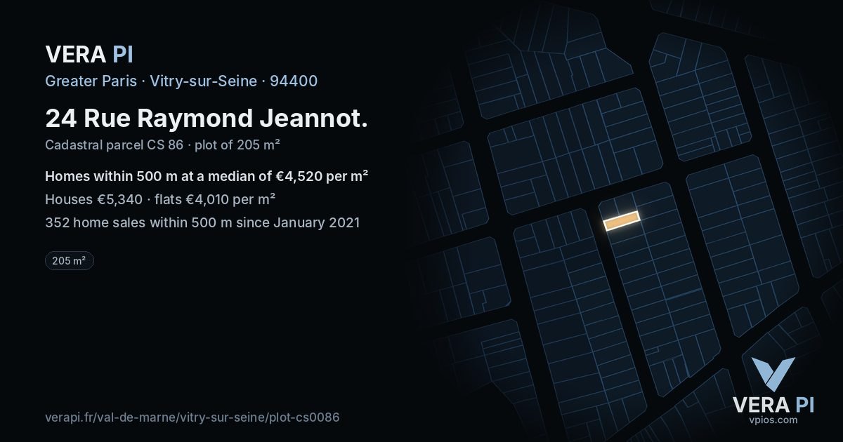 24 Rue Raymond Jeannot, Vitry-sur-Seine at night – the plot lit, the parcels around coloured by the prices near them