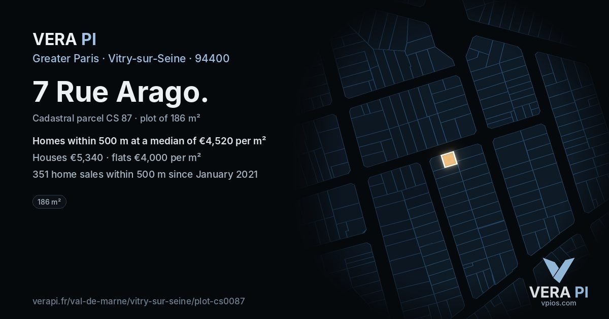 7 Rue Arago, Vitry-sur-Seine at night – the plot lit, the parcels around coloured by the prices near them