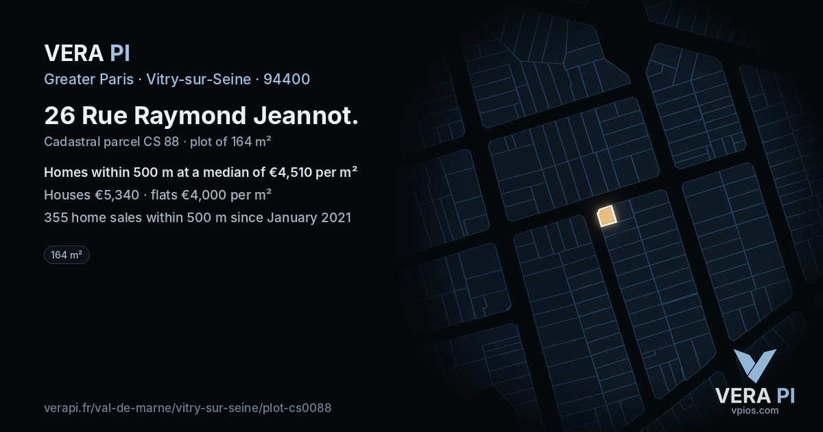 26 Rue Raymond Jeannot, Vitry-sur-Seine at night – the plot lit, the parcels around coloured by the prices near them