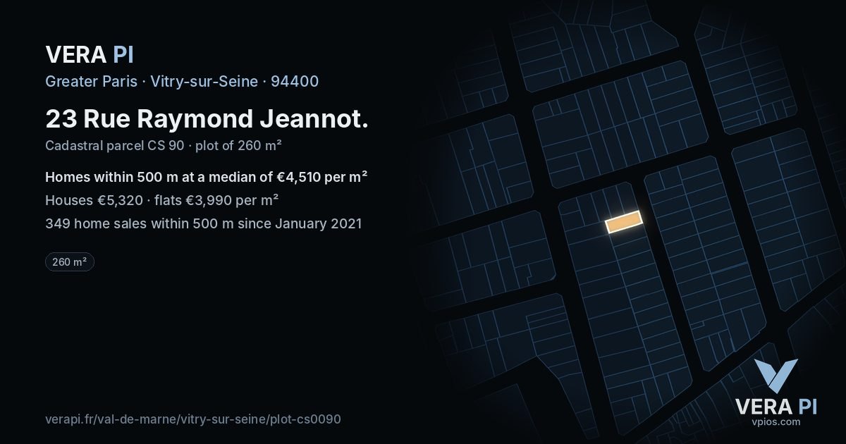 23 Rue Raymond Jeannot, Vitry-sur-Seine at night – the plot lit, the parcels around coloured by the prices near them