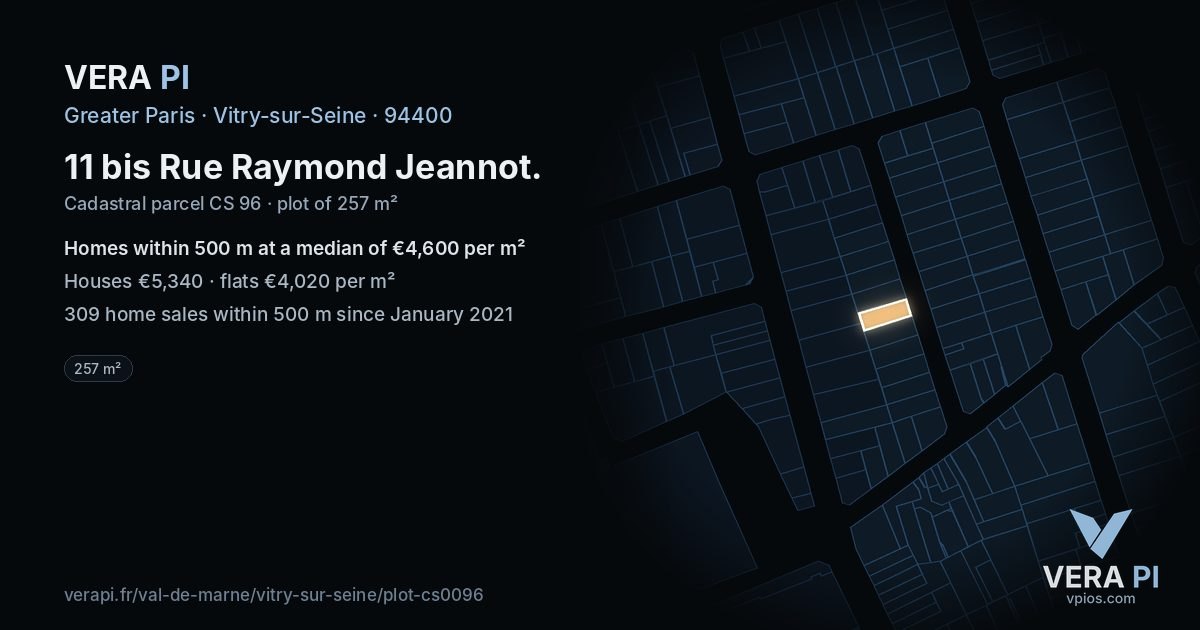 11 bis Rue Raymond Jeannot, Vitry-sur-Seine at night – the plot lit, the parcels around coloured by the prices near them